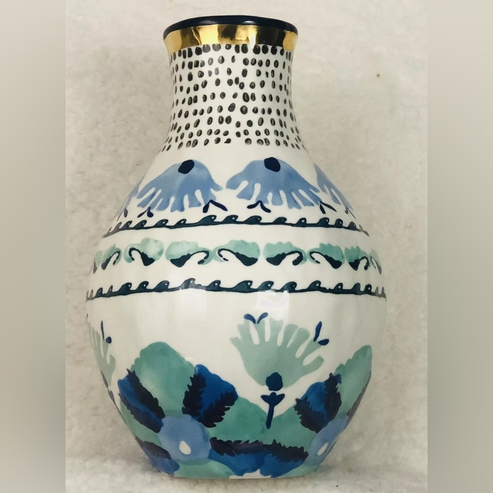 Anthropologie Large White With Blue Floral Accents Gold Rim Vase